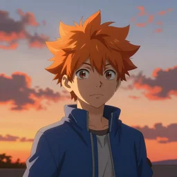 orange - haired anime boy, 1 7 - year - old anime boy with wild spiky hair, wearing blue jacket, golden hour, partly cloudy sky, red clouds, orange sky, strong lighting, strong shadows, vivid hues, ultra - realistic, sharp details, subsurface scattering, intricate details, art by artgerm, greg rutkowski, 2 0 1 9 anime screenshot