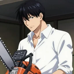 chainsaw man by tatsuki fujimoto and shueisha, ultrarealistic, cinematic lighting, white shirt, black pants