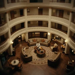 tilt shift photography, extreme dof, miniature interior inside the overlook hotel, the shining, kubrick