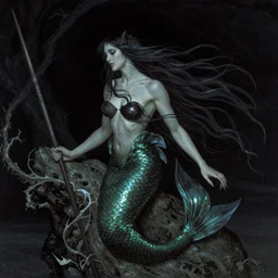 dark evil mermaid with long flowing hair, by N.C. Wyeth, j.c. leyendecker, Bernie Wrightson
