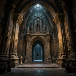the basement of the magic castle is made of stone. at the end is the portal to hell. full of narrative sense, volumetric lighting, extremely super - detailed, intricate, epic composition, trending on artstation, by sergey vasnev and jan urschel, excellent light sense