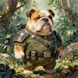 a realistic and atmospheric watercolour fantasy character concept art portrait of a fat adorable chibi bulldog soldier with body armor in the jungle, by rebecca guay, michael kaluta, charles vess and jean moebius giraud