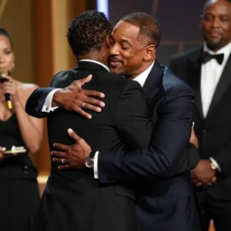 Chris Rock and Will Smith hugging at an award show, 4k/8k, professional photography