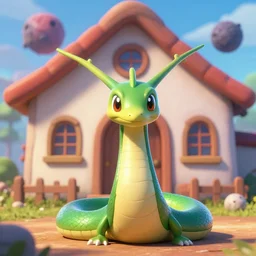 high resolution pixar 3 d picture digital art view of the latios the serpent standing in front of house looking at camera celebi asteroid ill