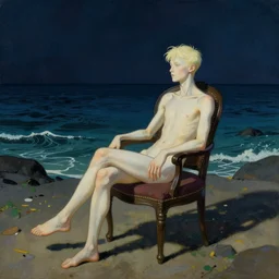 androgynous albino korean appearance, sitting in a chic chair in the middle of the sea harry clarke style