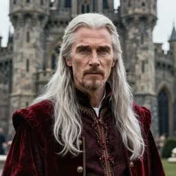 a portrait of christian bale with long white hair, dark red royal clothing, fantasy, gothic, castle backround, highly detailed,