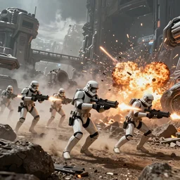 action photography, fast paced, imperial commando troopers traversing through rough terrain, blaster fire, explosions, total chaos, sci fi alien world, 2 d digital, concept art, photoshopped, trending on artstation, star wars, hd, 8 k, hyperrealist, breathtaking, octane render, arnold render, unreal engine 5, ultra detailed