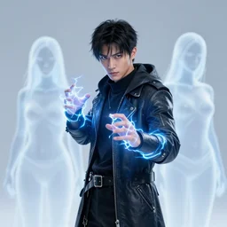 a human male asian rogue with energy crackling from his hands, with two ethereal!!! forms next to him, one made of fire, thee other made of ice, fighting monsters, d & d, detailed, digital painting, artstation, concept art, sharp focus, illustration, cinematic lighting, art by artgerm and greg rutkowski and alphonse mucha