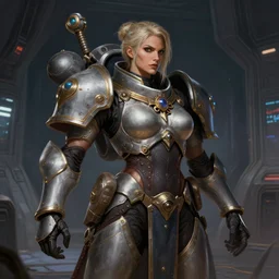 portrait of a female warhammer eldar in a spaceport, d & d, fantasy, intricate, muscular, highly detailed, digital painting, artstation, concept art, smooth, sharp focus, illustration, art by simon bisley and greg rutkowski and alphonse mucha, t - pose, 8 k