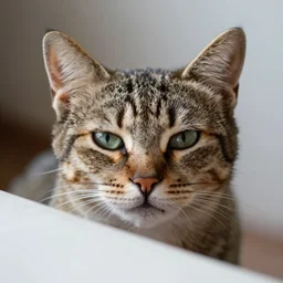 portrait of a squinting cat peeking over an edge judging