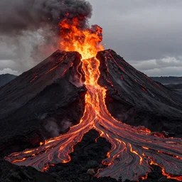 Volcanic eruption, lava flows down the volcano\'s mouth, trending on artstation, 30mm, by Noah Bradley