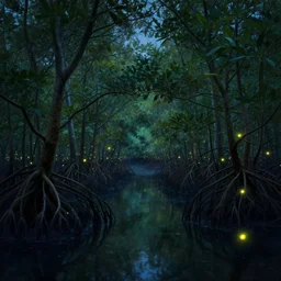 a peaceful mangrove tree swamp at night with glowing fireflies, landscape painting, romanticism style, volumetric lighting, unreal engine, cinematic, trending on artstation