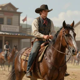 cowboy ridding on horse to town in the old west, sharp focus, intricate, elegant, digital painting, artstation, matte, highly detailed, concept art, illustration, volumetric lighting, bokeh light, art by greg olsen and liz lemon swindle