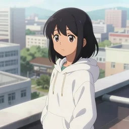 anime visual, portrait of a young black haired girl wearing hoodie sightseeing above the urban city, on the school rooftop, guardrail, cute face by yoh yoshinari, katsura masakazu, dramatic lighting, dynamic pose, dynamic perspective, strong silhouette, ilya kuvshinov, moody, detailed