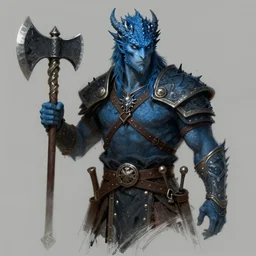 fantasy concept art; portrait of a blue dragonborn wielding an axe; barbarian clothing; rough sketch, rough coloring