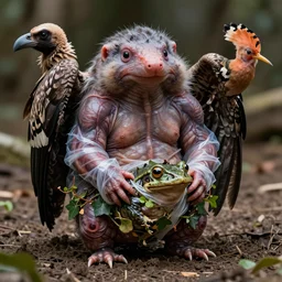 a high resolution realistic displacement portrait of a mole creature under the ground, muscles normal map creature made of wormlike class aves skin veins merged frog, bump map strangled by plastic wrap bower bird creature wrinkles pheasant, ivy complex feathers exotic morphing hoopoe, zebra morphing wings king vulture head