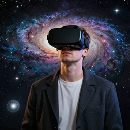 man wearing virtual reality headset, space, galaxy, 1950s art deco, retrofuturism, edward hopper