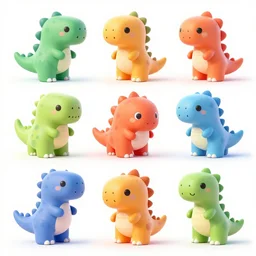 concept sheet of cute colorful 3 d family dino characters for kids assisting a concept machine. cute dinosaurs, primitive shapes and forms, reflective like candy, concept art, 8 k, artstation
