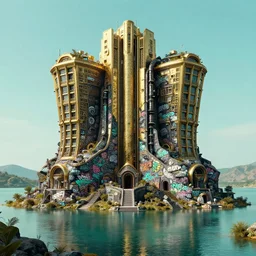 photo hyper realistic concept art house solarpunk in the funny big lake, graffiti style futuriste brutalism symmetrical details, gold and black turquoise ratio, octane render excellent composition style alphosne mucha