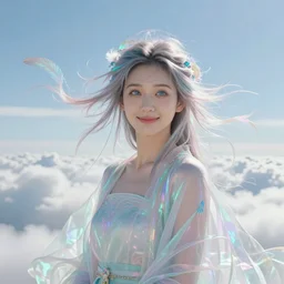 A realistic centered portrait of a beautiful smiling ethereal asian sylph, ethereal vaporous tan skin, azure iridescent eyes, ethereal iridescent locks of hairs flying in the breeze and adorned with rainbow feathers, iridescent ethereal veils, flying high in the clouds:5| sunny weather, sss, translucency, long exposure, hologram, trending on artstation, soft natural lighting and shadows, VFX, CG:2| expressionless, neutral, deformed, jpeg artifacts, illustration, anime:-1 portrait 2.5