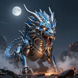 roaring dragonborn with silver and blue color scales standing in a smoking crater, glowing eyes, glowing mouth, highly detailed, headshot, rule of thirds, moonlit night, good value control, high contrast, biomechanical, cinematic, illustration, concept art