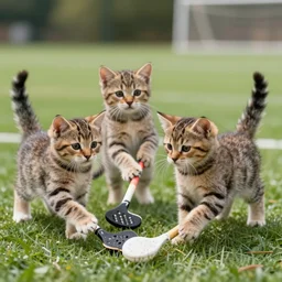 human size kittens playing lacrosse, 4 k, photo realistic, extremely life like