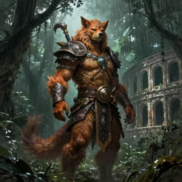 An epic fantasy character art full portrait of a furry god Tezcatlipoca standing in rainforest by Greg Rutkowski, Frank Frazetta, Boris Vallejo, very very beautiful, Exquisite detail, post-processing, masterpiece, cinematic, coliseum