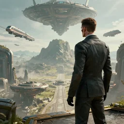 Soldier in a suit that is a mixture of dead space and Edge of tomorrow technology. Looking out down toward a valley with an ancient alien outpost at the base. There are Flying trains in the background, with a central mountain in the middle of the world and high tech floating pyramid above it. Cinematic 8k, Unreal Engine 5, concept art