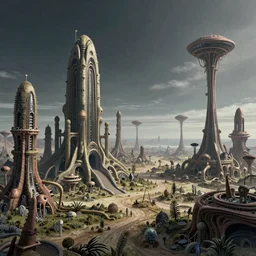 alien planet landscape with bizarre buildings and Lifeforms. Jeffrey Smith, Stanley Donwood