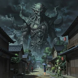 a painting of a massive statue of a strange and surreal god by peter mohrbacher in a traditional asian village street ; a high definition screenshot from the haunting and mystical dark fantasy science fiction anime anime anime film ; digital painting by peter mohrbacher and makoto shinkai, trending on artstation