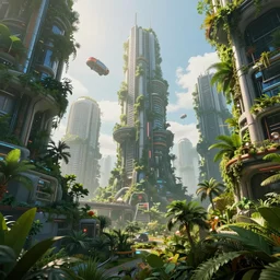 a lush futuristic world overgrown by vegetation, tall skyscrapers, flying cars, cinematic lighting, god rays, 8k, render