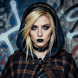 highly detailed closeup portrait of a sewer punk female thief, tartan cloak, blonde hair with headband by atey ghailan, by greg rutkowski, by greg tocchini, by james gilleard, by joe fenton, by kaethe butcher, gradient, blue, black, brown and cream color scheme, grunge aesthetic!!! white graffiti tag wall background