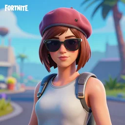 Fortnite; we see a girl alone with short brown hairm, wearing a beret; sun glasses ; Fortnite