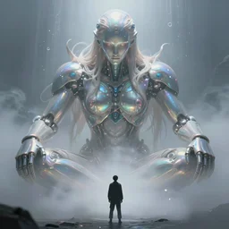 an award winning portrait of a gigantic iridescent cyborg deity looking down on a small man, ominous, ethereal, misty, volumetric fog, beautiful specular illumination, smooth, dynamic, artstation, octopath traveler, by greg rutkowski, artgerm, alena aenami, 8 k