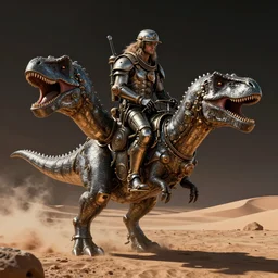 hard metal rockers riding dinosaurs in the space desert, boris vallejo style, steampunk, hyper detailed, digital art, cinematic lighting, 8 k