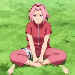 portrait of Sakura Haruno from Naruto sitting on the grass barefoot with her legs spread apart, high quality art