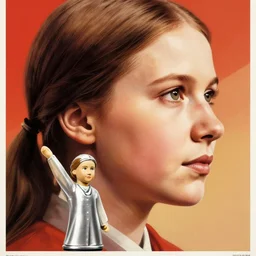 closeup profile soviet poster face portrait of a tin toy heroic greta thunberg, nicoletta ceccoli, mark ryden, lostfish, hyperdetailed, clean cel shaded vector art. shutterstock. illustration