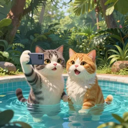 anthropomorphic cat and dog taking selfie in a swimming pool in the middle of the jungle, highly detailed, digital painting, artstation, concept art