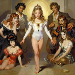 Worksafe, fully clothed. Painting of young, gentle and cute girl byzantinian princess, posing in leotard and tiara, by Frank Frazetta, Boris Vallejo, Larry Elmore, Julie Bell, Keith Parkinson, Salvador Dali, Hajime Sorayama, Ayami Kojima and lyde Caldwell, trending on ArtStation.