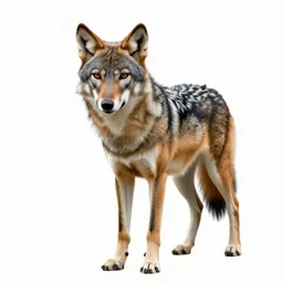spotted wolf, high detail photograph, full body, isolated on a pure white background, centered, entire subject in frame, sharp focus, soft studio lighting