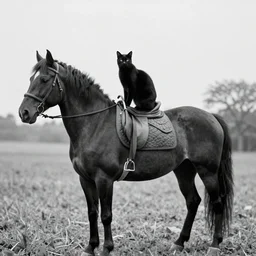 a cat sitting on a horse, strange, black and white, photograph, 1850s