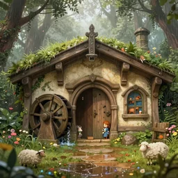 a medieval hobbit home, ornate, beautiful, atmosphere, vibe, mist, rain, wet, puddles, water wheel, forest, flowers, sheep, concept art illustration, color page, 4 k, tone mapping, doll, akihiko yoshida, james jean, andrei riabovitchev, marc simonetti, yoshitaka amano, digital illustration, greg rutowski, volumetric lighting, sunbeams, particles