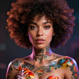 portrait of a mixed extremely beautiful woman, with afro, beautiful eyes, with tattoos on her neck and chest, vibrant colors, ( ( ( koi colors ) ) ), octane render, jesper ejsing, james jean, justin gerard, tomasz alen kopera, cgsociety, fenghua zhong, makoto shinkai, highly detailed, rim light, art, cinematic lighting