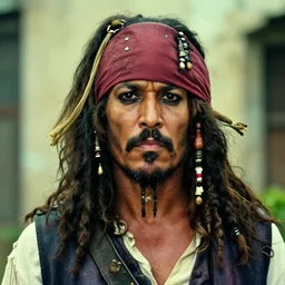 an award winning outdoors portrait no - hat photo of a black pirate hispanic stout short old man pirate with mustache and stern face, short parted hair, movie color graded