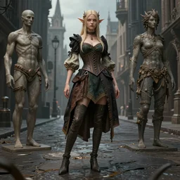 artist reference pictures pose, anatomy skills,sophisticated composition, old masters light composition, procedurally generated, epic anthropomorphic spirit girl character posing for concept art, gothic city streets behind her, costume design from metamodern designers, substance designer, PBR, HD, Ultra detailed, hyperrealistic, megascans, volumetric light, concept by master artist, made in paint tool SAI2, trending pixiv face