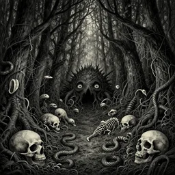an eerie insanely detailed forest of the soul, highly ambiguous, symbolic, eyes of strange creatures hiding in the dark, skulls of critters and bones of animals, snakes and vines and cobwebs and old trees, a glimpse of hope, ink and ballpoint, inspired by claire scully and evan cagle and simon prades