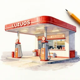 a pencil and watercolor art of a beautiful luxurious gas station, retro and 1 9 8 0 s style, beautiful architecture, retro coloring, retro and 1 9 8 0 s style, retro and 1 9 8 0 s filter