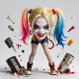 Harley Quinn but she's a beautiful ape with long pony tails on either side of her head, mucha, mayhem, illustration, by James Jean, artgerm, octane render, by John Coltrane and Marc Simonetti, Manic, inspired by Greg rutkowski, colorful, studio lighting, high detail of the face, full body
