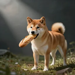 shiba inu eating baguette