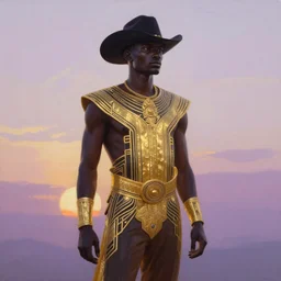 a beautiful painting of a regal african cowboy, in front of a pale lavender sunrise, dawn, predawn, golden light, Art Deco!, silhouette, no crop, smooth, sharp focus, fine lines